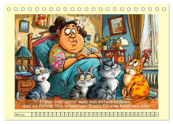 Produktbild: Katzen und Frauen. Lustige Cartoons vom t&auml;glichen Chaos (Tischkalender 2026 DIN A5 quer), CALVENDO Monatskalender