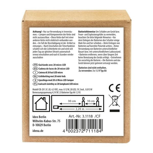 Produktbild: Idena Lichterkette 20 LED warmwei&szlig; 6h Timer 2,2m