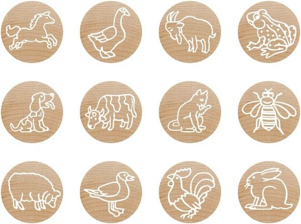 Produktbild: COLOP Woodies Holzstempel Set Bauernhoftiere, mit 12 Motiven, Abdruckgr&ouml;&szlig;e: &Oslash; 29 mm, eckig