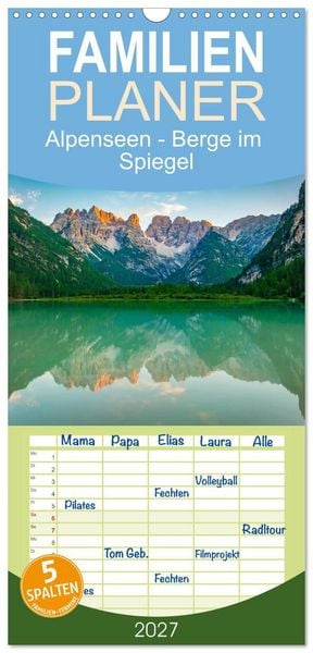 Produktbild: Familienplaner 2027 - Alpenseen - Berge im Spiegel mit 5 Spalten (Wandkalender, 21 x 45 cm) CALVENDO