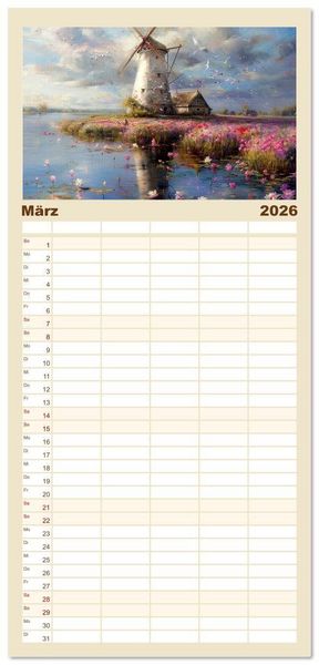 Produktbild: Familienplaner 2026 - Windgefl&uuml;ster-M&uuml;hlenimpressionen mit 5 Spalten (Wandkalender, 21 x 45 cm) CALVENDO