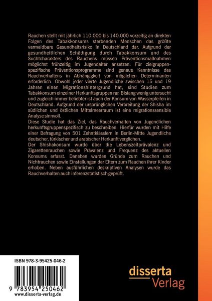 Produktbild: Zigarette und Wasserpfeife bei Jugendlichen: Wie unterscheiden sich Sch&uuml;ler deutscher, t&uuml;rkischer und arabischer Herkunft?