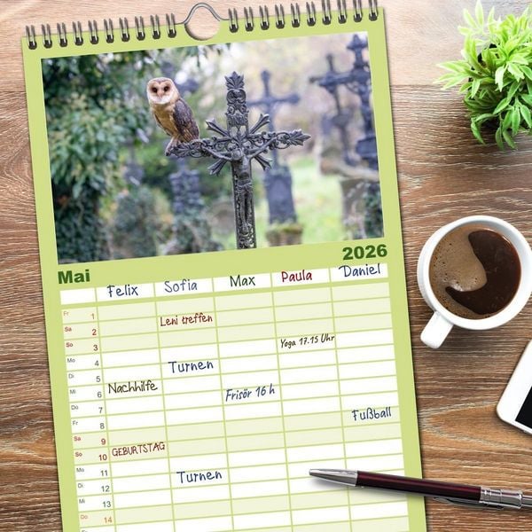 Produktbild: Familienplaner 2026 - Europas Greifv&ouml;gel und Eulen mit 5 Spalten (Wandkalender, 21 x 45 cm) CALVENDO