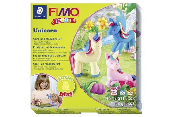 Produktbild: STAEDTLER FIMO kids 8034, ofenh&auml;rtende Modelliermasse, Set Unicorn mit 4 Bl&ouml;cken 42 g, Modellierstab
