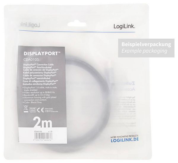 Produktbild: LogiLink DisplayPort AV Anschlusskabel [1x DisplayPort - 1x DisplayPort] 1m Schwarz/Grau