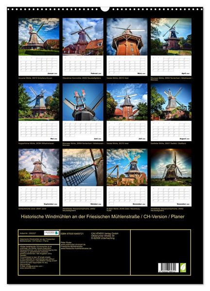 Produktbild: Historische Windm&uuml;hlen an der Friesischen M&uuml;hlenstra&szlig;e / CH-Version / Planer (Wandkalender 2026 DIN A2 hoch), CALVENDO Monatskalender