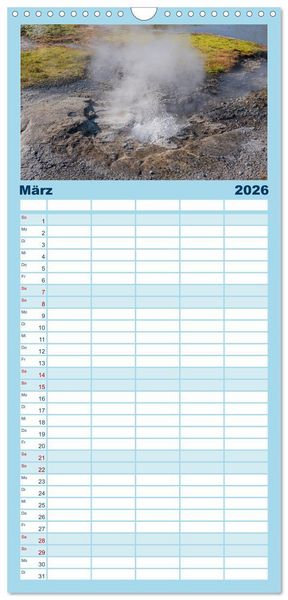Produktbild: Familienplaner 2026 - Island - Gletscher, Wasserf&auml;lle, Hei&szlig;e Quellen mit 5 Spalten (Wandkalender, 21 x 45 cm) CALVENDO