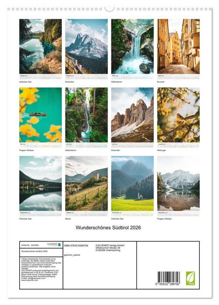 Produktbild: Wundersch&ouml;nes S&uuml;dtirol 2026 (hochwertiger Premium Wandkalender 2026 DIN A2 hoch), Kunstdruck in Hochglanz