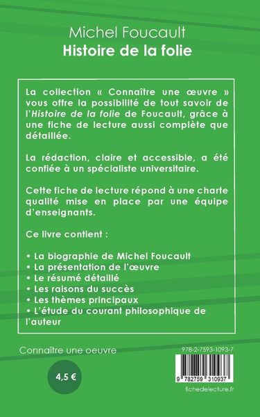 Produktbild: Fiche de lecture Histoire de la folie de Foucault (analyse philosophique et r&eacute;sum&eacute; d&eacute;taill&eacute;)