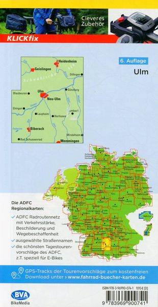 Produktbild: ADFC-Regionalkarte Ulm und Umgebung, 1:75.000, mit Tagestourenvorschlägen, reiß- und wetterfest, E-Bike-geeignet, GPS-Tracks-Download