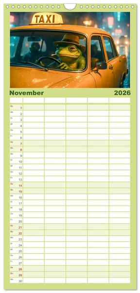 Produktbild: Familienplaner 2026 - Frosch bei der Arbeit- Dienst nach Vorschrift mit 5 Spalten (Wandkalender, 21 x 45 cm) CALVENDO