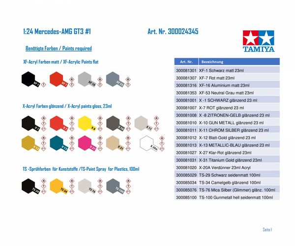 Produktbild: Tamiya 300024345 Mercedes-AMG GT3 #1 Automodell Bausatz 1:24