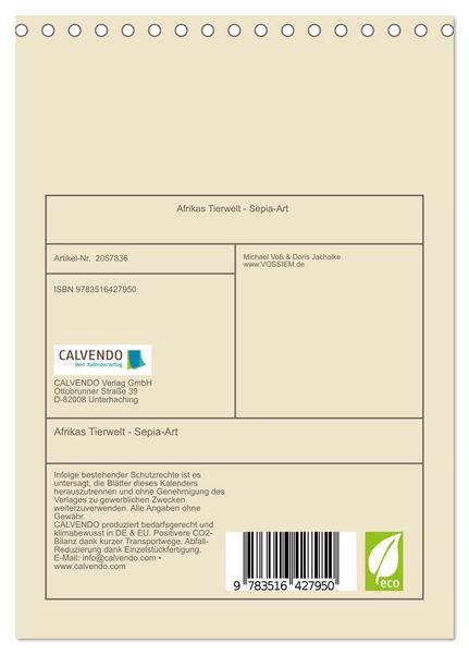 Produktbild: Afrikas Tierwelt - Sepia-Art (Tischkalender 2026 DIN A5 hoch), CALVENDO Monatskalender