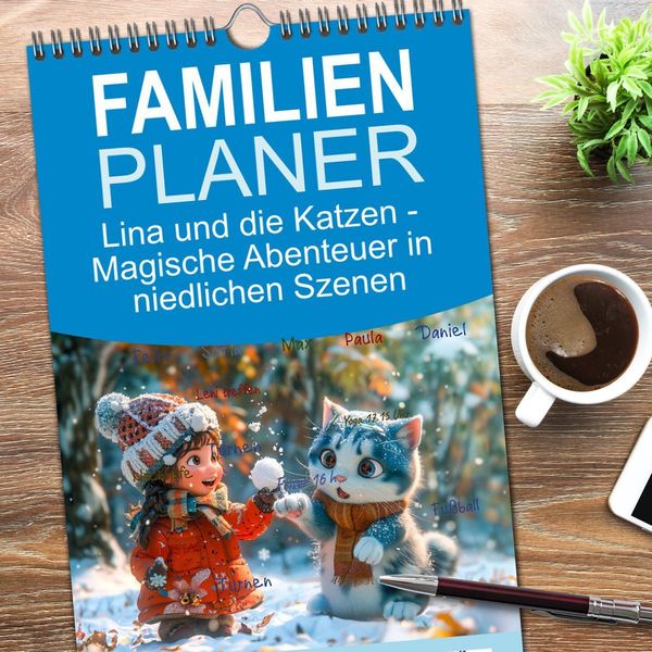 Produktbild: Familienplaner 2026 - Lina und die Katzen - Magische Abenteuer in niedlichen Szenen mit 5 Spalten (Wandkalender, 21 x 45 cm) CALVENDO
