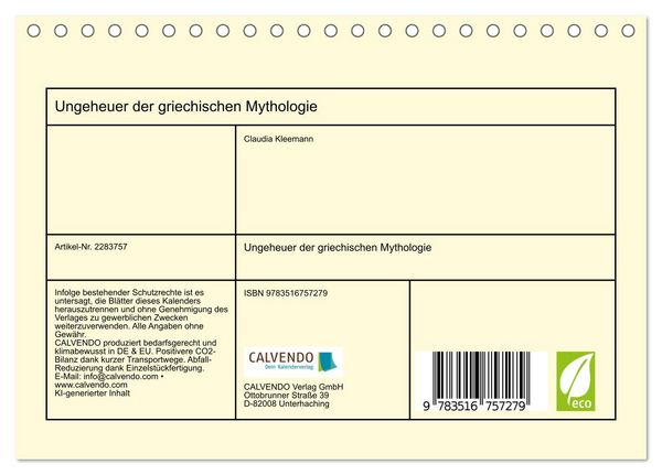 Produktbild: Ungeheuer der griechischen Mythologie (Tischkalender 2027 DIN A5 quer), CALVENDO Monatskalender