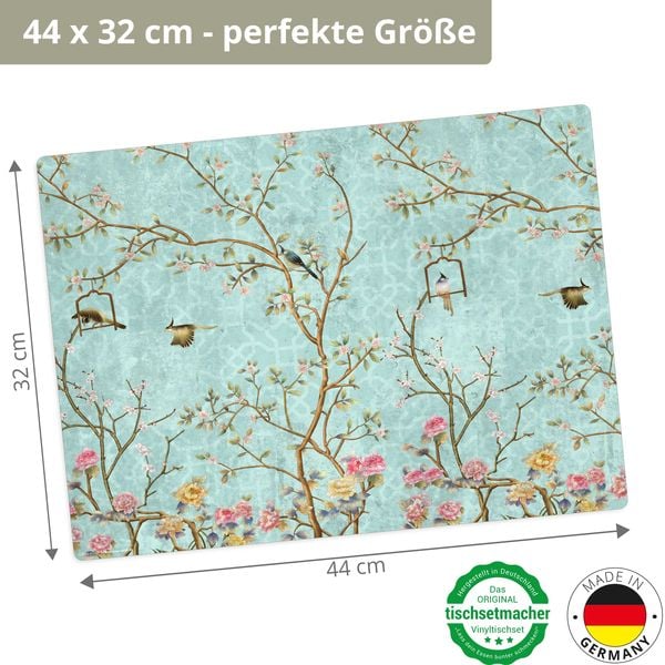 Produktbild: Tischsetmacher Tischsets Florales Vintage Motiv mit V&ouml;geln, aus hochwertigem Vinyl (4 St&uuml;ck), 44 x 32 cm
