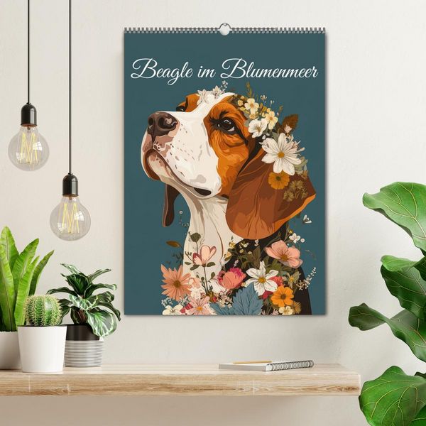 Produktbild: Beagle im Blumenmeer (Wandkalender 2026 DIN A2 hoch), CALVENDO Monatskalender