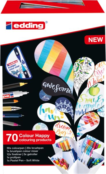 edding Brushpan Colour Happy Set, 70er Set mit Fasermaler, Pinselstifte, Fineliner, Gelroller, Farbmixer und Pastell-Stift