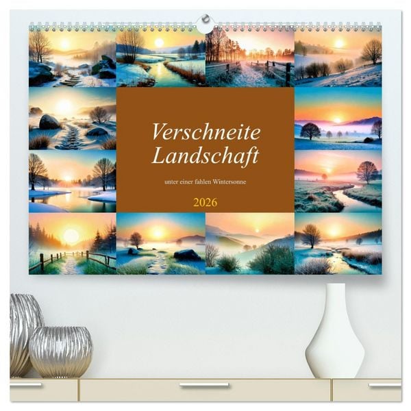 Verschneite Landschaft unter einer fahlen Wintersonne (hochwertiger Premium Wandkalender 2026 DIN A2 quer), Kunstdruck in Hochglanz
