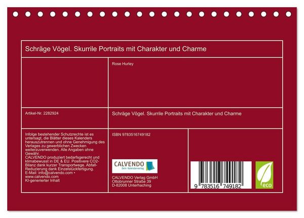 Produktbild: Schr&auml;ge V&ouml;gel. Skurrile Portraits mit Charakter und Charme (Tischkalender 2027 DIN A5 quer), CALVENDO Monatskalender