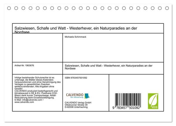 Produktbild: Salzwiesen, Schafe und Watt - Westerhever, ein Naturparadies an der Nordsee (Tischkalender 2026 DIN A5 quer), CALVENDO Monatskalender