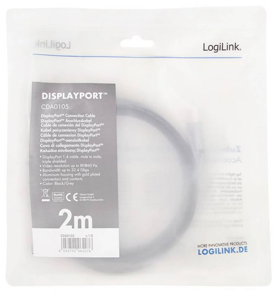Produktbild: LogiLink DisplayPort AV Anschlusskabel [1x DisplayPort - 1x DisplayPort] 2m Schwarz/Grau