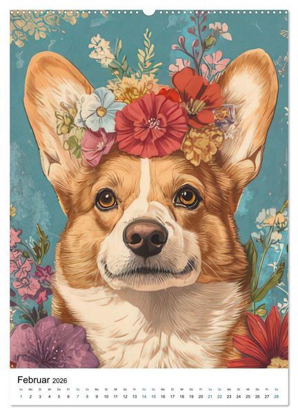 Produktbild: Corgis im Blumenrausch (hochwertiger Premium Wandkalender 2026 DIN A2 hoch), Kunstdruck in Hochglanz