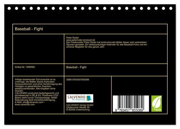 Produktbild: Baseball - Fight (Tischkalender 2026 DIN A5 quer), CALVENDO Monatskalender