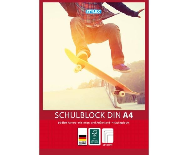 Produktbild: Stylex Schulblock, Lineatur 28, DIN A4, 50 Blatt, gelocht, kariert