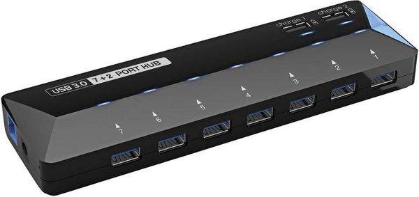 Produktbild: Renkforce RF-3806034 USB-Hub 7 Port USB-A USB 3.0 5 GBit/s mit Schnellladeport, mit Status-LEDs Schwarz