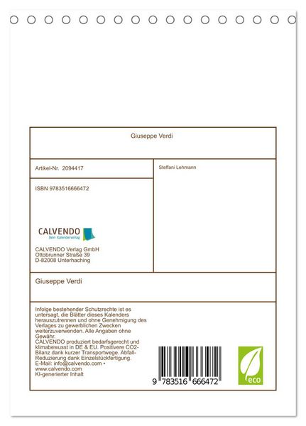 Produktbild: Giuseppe Verdi (Tischkalender 2026 DIN A5 hoch), CALVENDO Monatskalender