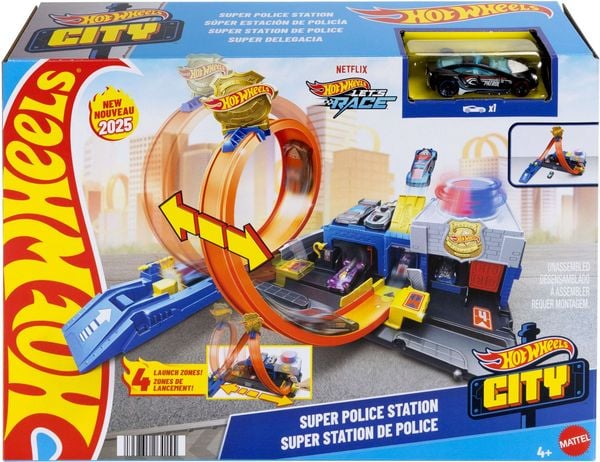 Produktbild: Hot Wheels City Super Polizeiwache-Spielset mit Spielzeug-Polizeiwagen im Maßstab 1:64 und anpassbarer Rennbahn mit Looping.