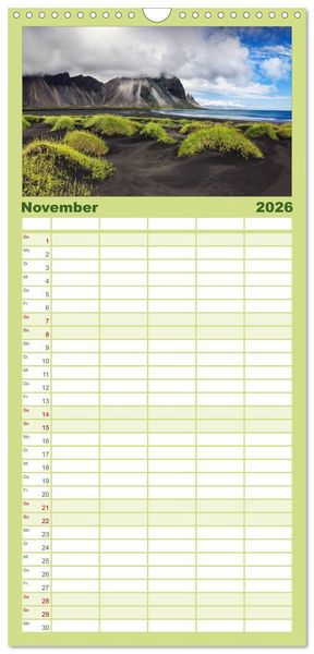 Produktbild: Familienplaner 2026 - Island - Spektakul&auml;re Landschaft aus Feuer, Wasser und Eis mit 5 Spalten (Wandkalender, 21 x 45 cm) CALVENDO