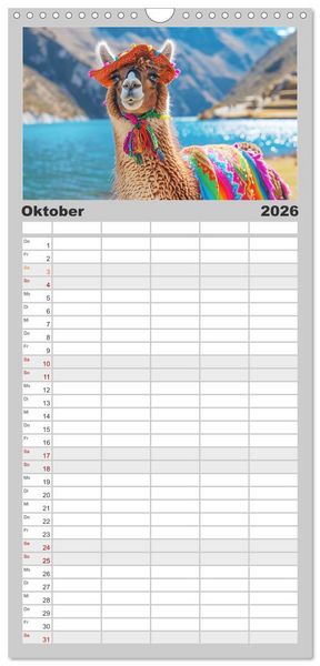 Produktbild: Familienplaner 2026 - Lamas auf Tour. Perus flauschige Fashion-Ikonen mit 5 Spalten (Wandkalender, 21 x 45 cm) CALVENDO