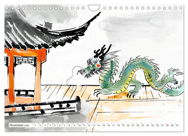 Produktbild: Fernost Impressionen - Tempel und Landschaften in KI-Tuschekunst (Wandkalender 2026 DIN A4 quer), CALVENDO Monatskalender