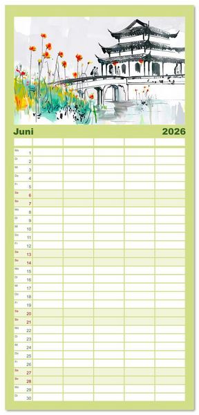 Produktbild: Familienplaner 2026 - Fernost Impressionen - Tempel und Landschaften in KI-Tuschekunst mit 5 Spalten (Wandkalender, 21 x 45 cm) CALVENDO