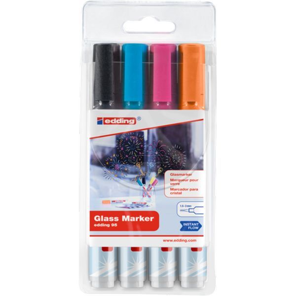 EDDING® Glasboard Marker 95, 4er Set (schwarz, hellblau, rosa, orange)