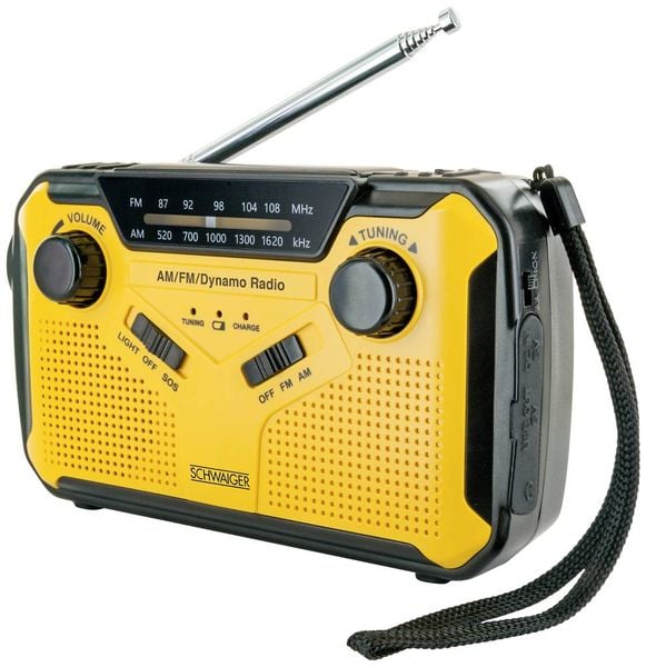 Produktbild: Schwaiger Outdoorradio UKW, AM, FM Handkurbel, Solarpanel, spritzwassergesch&uuml;tzt, sto&szlig;fest, Taschenlampe Gelb, Schwarz