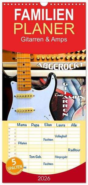Produktbild: Familienplaner 2026 - Gitarren und Amps - abgerockt mit 5 Spalten (Wandkalender, 21 x 45 cm) CALVENDO
