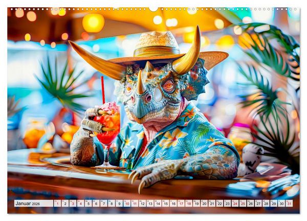Produktbild: Dinosaurier Sommer - Urzeitlich witzige Strandparty (hochwertiger Premium Wandkalender 2026 DIN A2 quer), Kunstdruck in Hochglanz