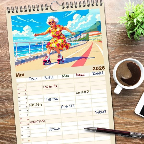 Produktbild: Familienplaner 2026 - Oma rockt den Ruhestand - Lustiger Frauenkalender mit Humor mit 5 Spalten (Wandkalender, 21 x 45 cm) CALVENDO