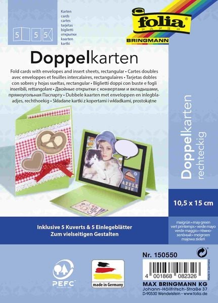 Produktbild: Folia Klappkarten/Doppelkarten f&uuml;r Einladungen, Gl&uuml;ckwunsch- oder Gru&szlig;karten, 10,5x15cm, maigr&uuml;n, 5 Karten + Kuverts + Einlagen