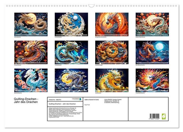 Produktbild: Quilling-Drachen - Jahr des Drachen (Wandkalender 2026 DIN A2 quer), CALVENDO Monatskalender