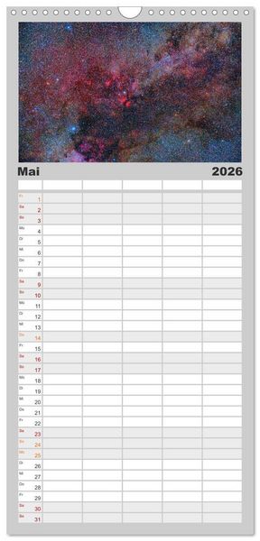 Produktbild: Familienplaner 2026 - Farbiges Weltall mit 5 Spalten (Wandkalender, 21 x 45 cm) CALVENDO