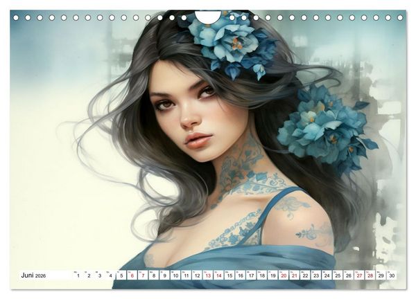 Produktbild: Tattoo trifft Kunst - Starke Tattoos treffen auf sanftes Aquarell (Wandkalender 2026 DIN A4 quer), CALVENDO Monatskalender