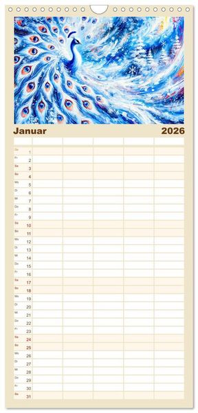 Produktbild: Familienplaner 2026 - Tanz der Pfauen - Jahreszeiten in abstrakter Eleganz mit 5 Spalten (Wandkalender, 21 x 45 cm) CALVENDO
