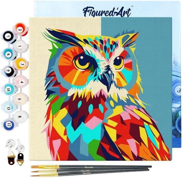 Produktbild: FiguredArt SFA094-Y - Mini Malen nach Zahlen, Abstrakte Pop Art Eule, Leinwand-Keilrahmen 20x20cm, DIY Bastelset, Paint by Numbers