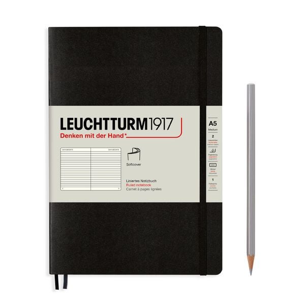 Produktbild: LEUCHTTURM1917 Notizbuch Medium (A5), Softcover, 123 nummerierte Seiten, Schwarz, Liniert