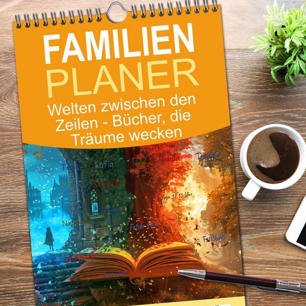 Produktbild: Familienplaner 2026 - Welten zwischen den Zeilen - B&uuml;cher, die Tr&auml;ume wecken mit 5 Spalten (Wandkalender, 21 x 45 cm) CALVENDO