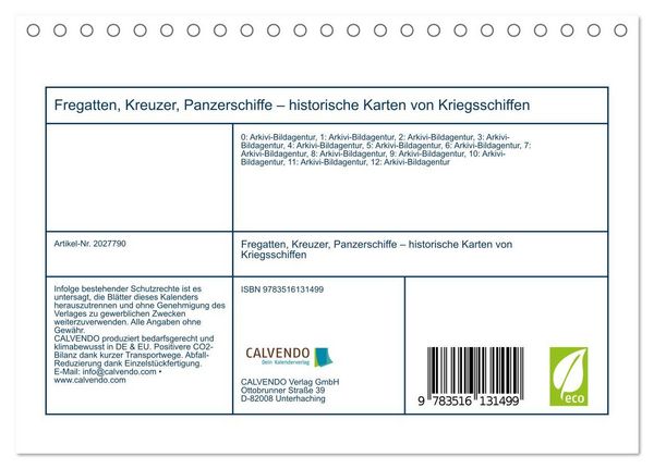 Produktbild: Fregatten, Kreuzer, Panzerschiffe &ndash; historische Karten von Kriegsschiffen (Tischkalender 2026 DIN A5 quer), CALVENDO Monatskalender
